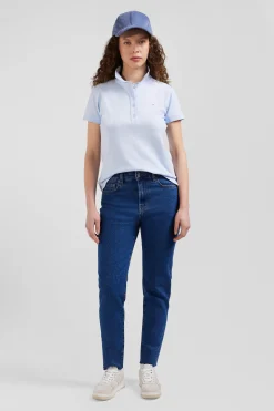 Slim sky blue plain stretch cotton short-sleeved polo shirt