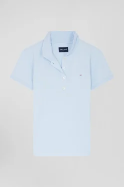 Slim sky blue plain stretch cotton short-sleeved polo shirt