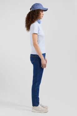 Slim sky blue plain stretch cotton short-sleeved polo shirt