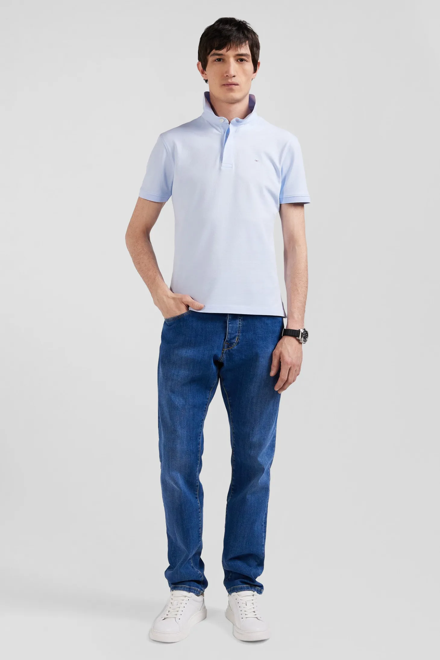 Slim sky blue short-sleeved stretch cotton polo shirt