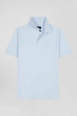 Slim sky blue short-sleeved stretch cotton polo shirt