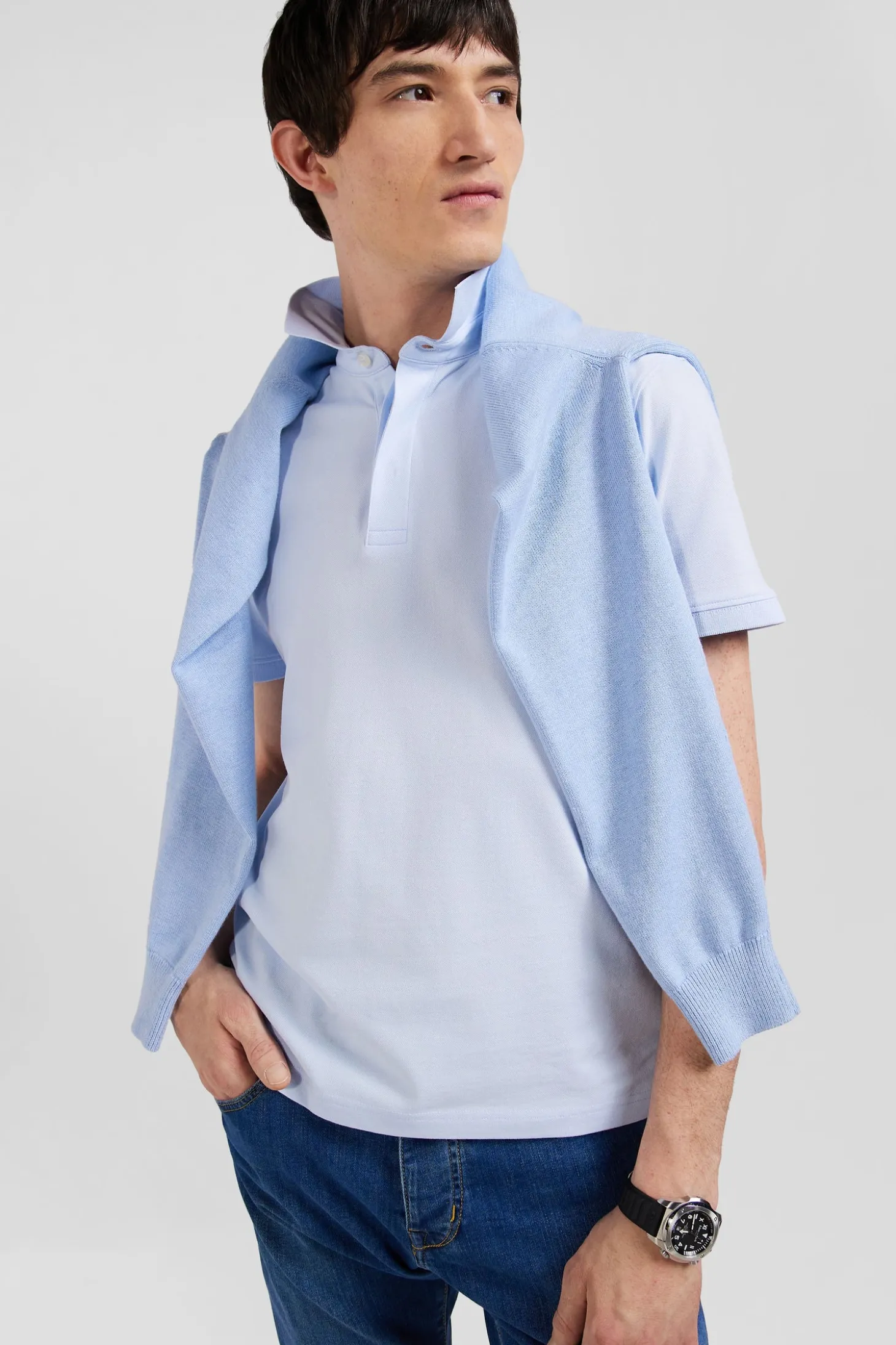 Slim sky blue short-sleeved stretch cotton polo shirt
