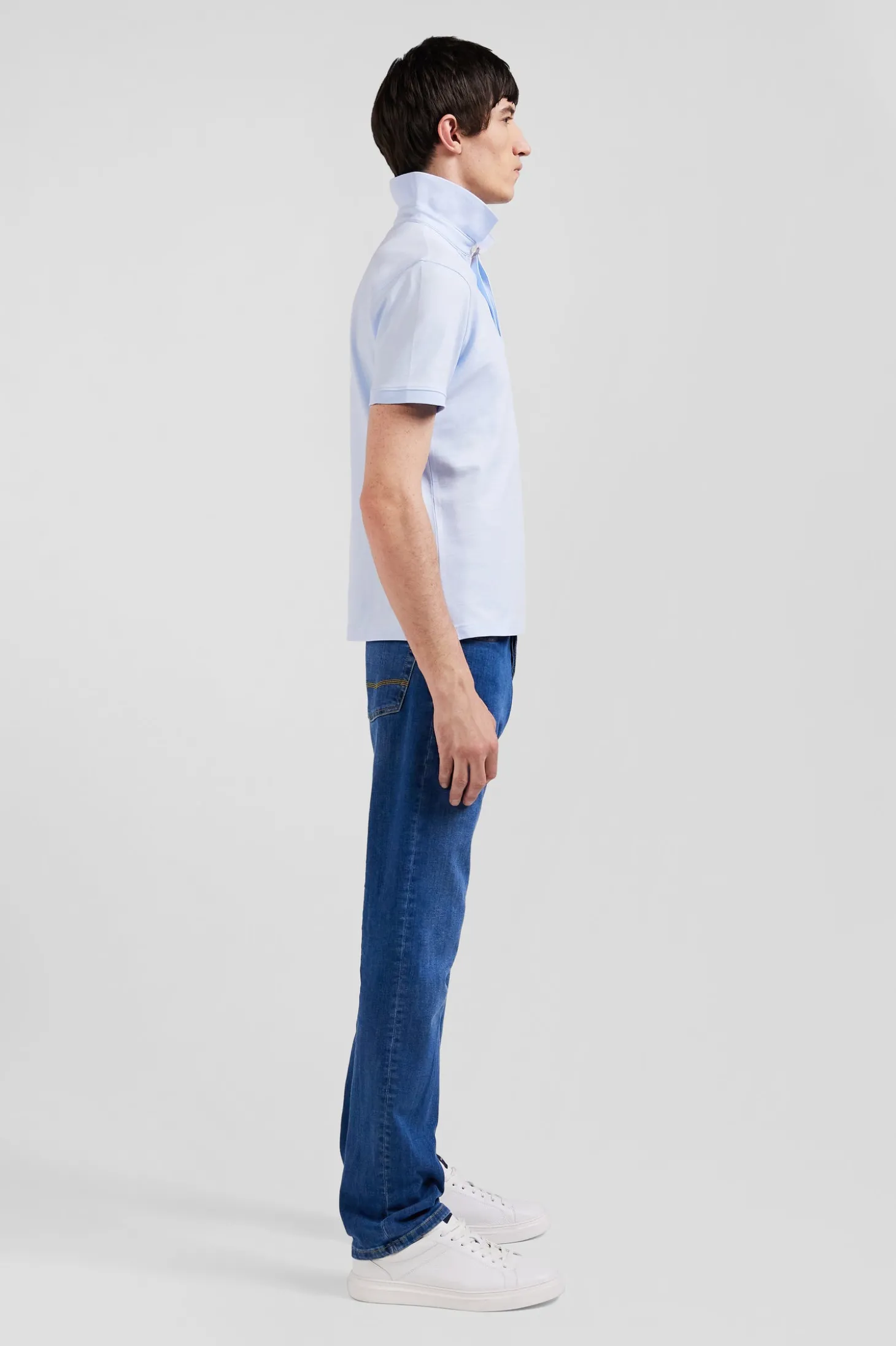 Slim sky blue short-sleeved stretch cotton polo shirt