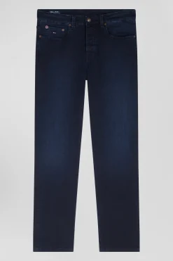 Slim stone-washed navy blue stretch denim jeans