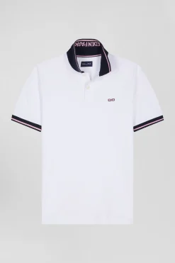 Slim white short-sleeved stretch cotton polo shirt with Eden Park jacquard collar