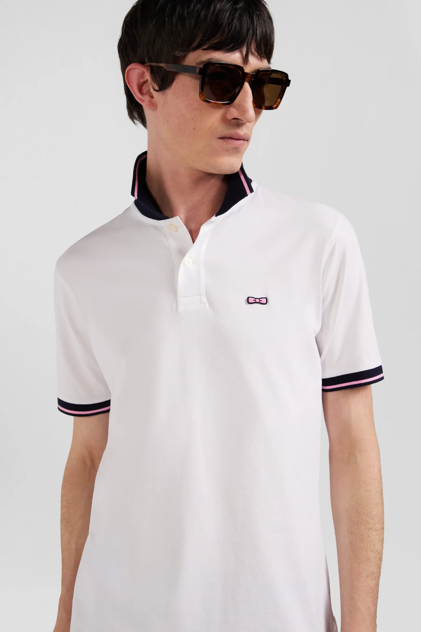 Slim white short-sleeved stretch cotton polo shirt with Eden Park jacquard collar