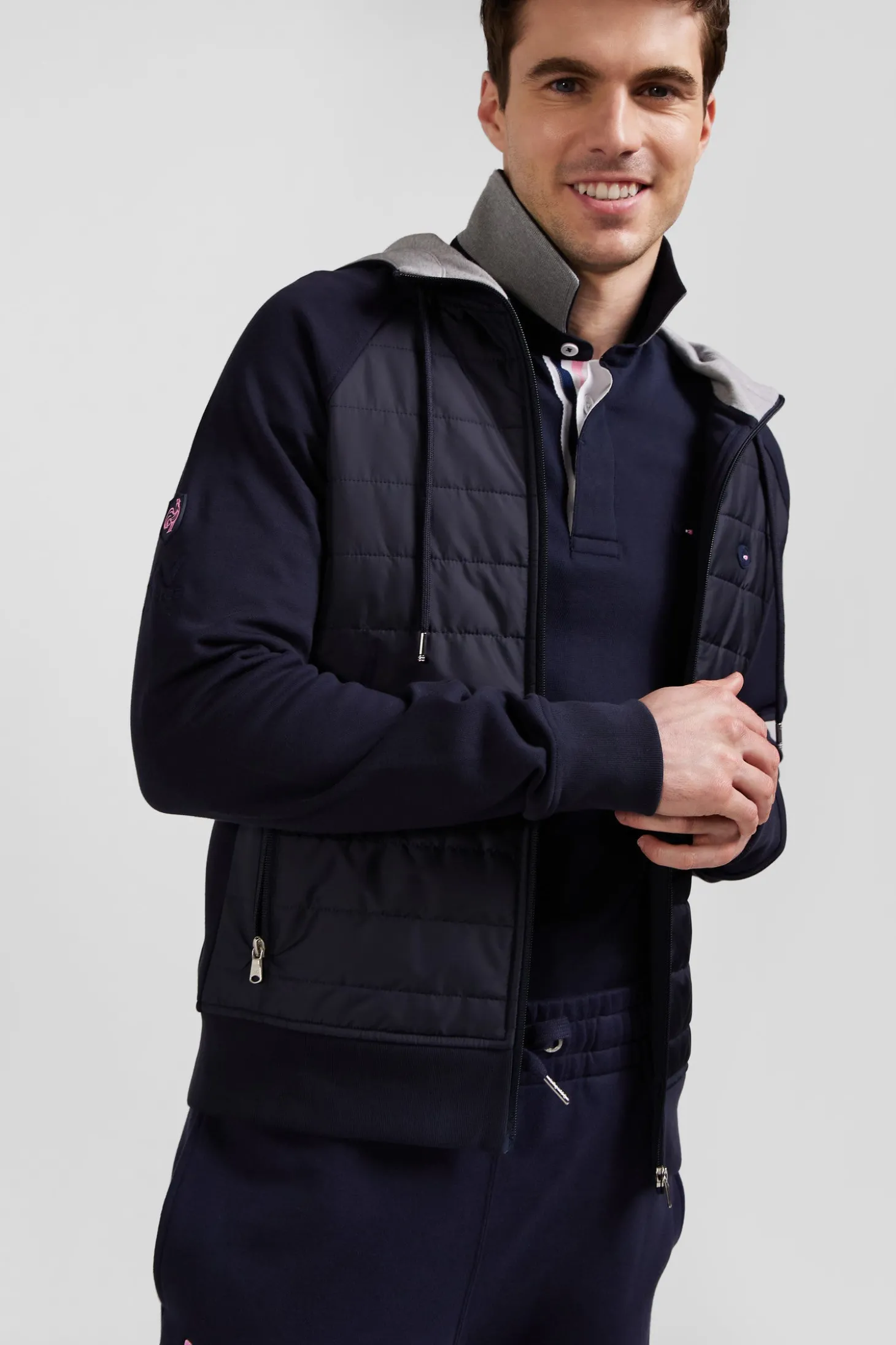 Sweatshirt à capuche zippé XV de France en coton mélangé et parmenture bleu marine coupe Regular