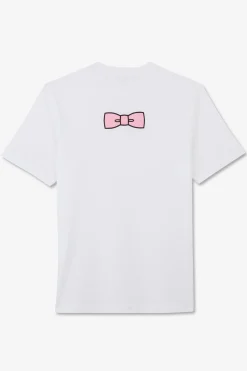 White T-shirt with embroidered bow tie on the back